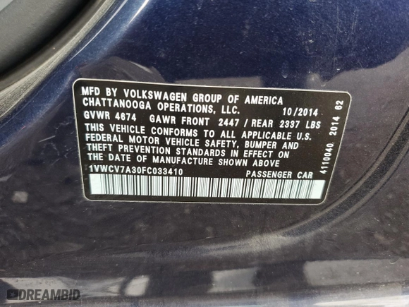2015 Volkswagen Passat 2.0L TDI SEL Premium with VIN 1VWCV7A30FC033410, listed as a Copart auction lot 63757154 with 158,303 mi miles and Salvage Title. Bid and sale history available at carsss.com. Image 12.