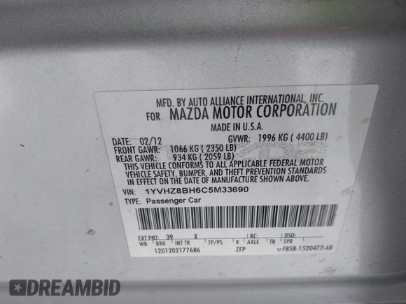 2012 Mazda 6 i Sport with VIN 1YVHZ8BH6C5M33690, listed as a IAAI auction lot 41317059 with 181,020 mi miles and . Bid and sale history available at carsss.com. Image 9.