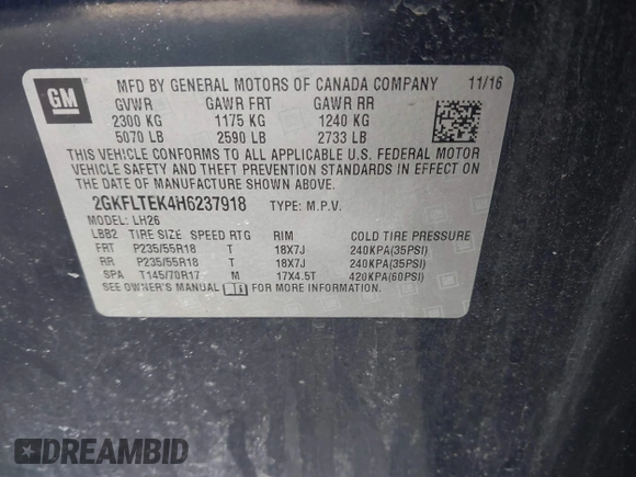 2017 GMC Terrain SLE with VIN 2GKFLTEK4H6237918, listed as a IAAI auction lot 41763753 with 72,311 mi miles. Bid and sale history available at carsss.com. Image 9.
