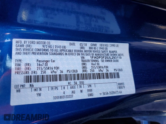 2018 Ford Focus SE z VIN 1FADP3F20JL293119, wystawiony jako Copart lot #58376765 z przebiegiem 38 322 mil mil oraz Szkoda całkowita • Salvage title. Historia ofert i sprzedaży dostępna na DreamBid. Obrazek 12.