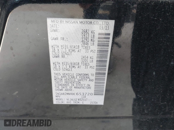 2013 Nissan Pathfinder SL with VIN 5N1AR2MN4DC653720, listed as a IAAI auction lot 42165868 with 154,272 mi miles and . Bid and sale history available at DreamBid. Image 9.