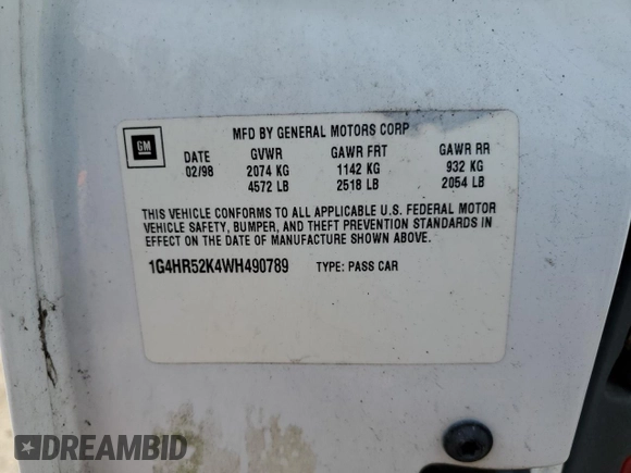 1998 Buick LeSabre Limited with VIN 1G4HR52K4WH490789, listed as a Copart auction lot 53647855 with 253,916 mi miles and Salvage title. Bid and sale history available at DreamBid. Image 12.