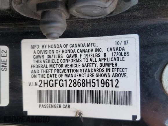 2008 Honda Civic Cpe EX with VIN 2HGFG12868H519612, listed as a Copart auction lot 54529245 with 151,460 mi miles and Salvage Title. Bid and sale history available at carsss.com. Image 13.