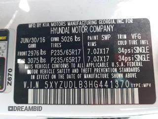 2017 Hyundai Santa Fe 2.4L with VIN 5XYZUDLB3HG441370, listed as a IAAI auction lot 42388929 with 97,441 mi miles and . Bid and sale history available at DreamBid. Image 9.