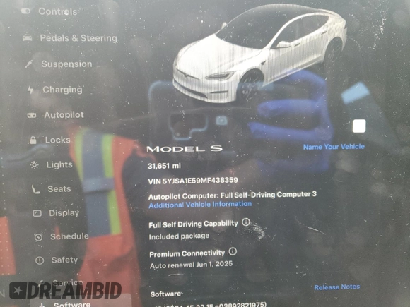 2021 Tesla Model S Long Range z VIN 5YJSA1E59MF438359, wystawiony jako Copart lot #57794325 z przebiegiem 31 651 mil mil oraz Szkoda całkowita • Salvage title. Historia ofert i sprzedaży dostępna na DreamBid. Obrazek 9.