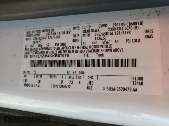 2019 Ford Transit with VIN 1FTYE1ZM4KKB87976, listed as a Copart auction lot 46539805 with 145,555 mi miles and Clean Title. Bid and sale history available at carsss.com. Image 13.