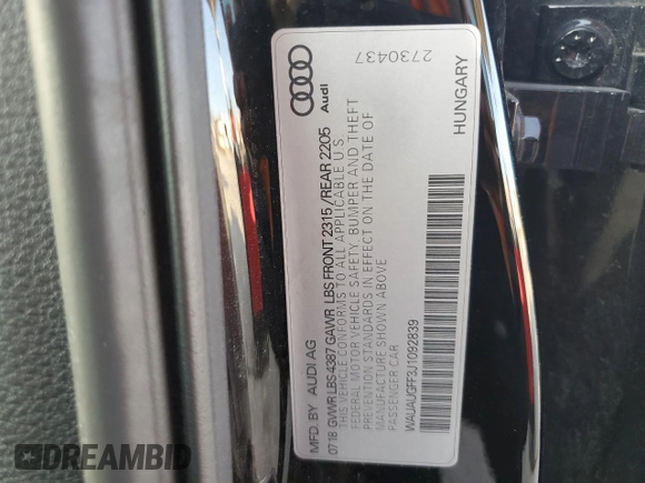 2018 Audi A3 Premium with VIN WAUAUGFF3J1092839, listed as a Copart auction lot 61115184 with 88,313 mi miles and Salvage Title. Bid and sale history available at DreamBid. Image 15.