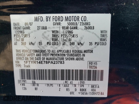 2008 Ford Ranger XLT Appearance with VIN 1FTYR14E78PA23783, listed as a Copart auction lot 45485514 with 136,191 mi miles and Salvage Title. Bid and sale history available at carsss.com. Image 13.