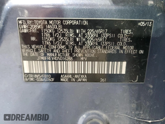 2013 Toyota RAV4 LE с VIN JTMBFREV4D5016288, выставлен на аукционе Copart как лот 66354225 с пробегом 182 959 миль миль и Списание • Salvage title. История ставок и продаж доступна на DreamBid. Изображение 13.
