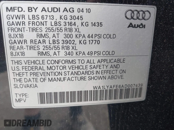 2010 Audi Q7 Premium Plus with VIN WA1LYAFE6AD007439, listed as a IAAI auction lot 42570983 with 96,542 mi miles and . Bid and sale history available at DreamBid. Image 9.