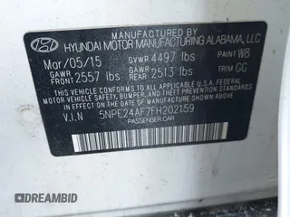 2015 Hyundai Sonata 2.4L SE with VIN 5NPE24AF7FH202159, listed as a IAAI auction lot 42104385 with 75,309 mi miles. Bid and sale history available at carsss.com. Image 9.