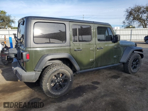 2021 Jeep Wrangler Unlimited Willys with VIN 1C4HJXDM0MW655574, listed as a Copart auction lot 82288524 with 34,986 mi miles and Salvage title. Bid and sale history available at DreamBid. Image 3.