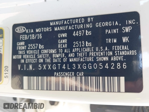 2016 Kia Optima LX with VIN 5XXGT4L3XGG054286, listed as a IAAI auction lot 41924937 with 146,555 mi miles. Bid and sale history available at carsss.com. Image 9.