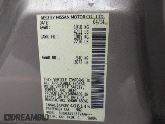 2014 Nissan Altima 2.5 with VIN 1N4AL3APXEC406145, listed as a IAAI auction lot 41916354 with 127,534 mi miles. Bid and sale history available at carsss.com. Image 9.