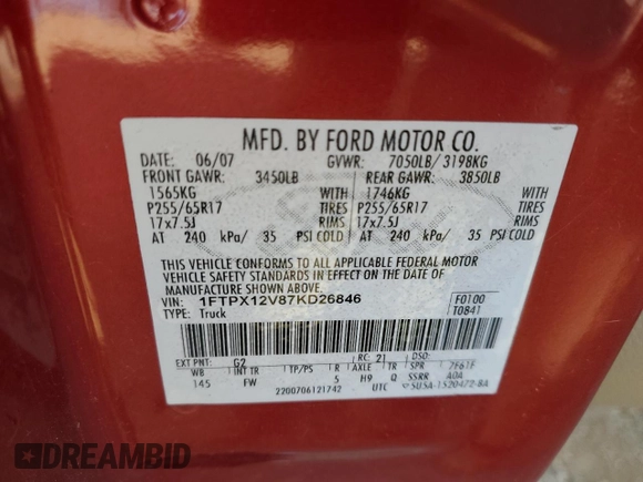 2007 Ford F-150 XL z VIN 1FTPX12V87KD26846, wystawiony jako Copart lot #89078055 z przebiegiem 144 603 mil mil oraz Szkoda całkowita • Salvage title. Historia ofert i sprzedaży dostępna na DreamBid. Obrazek 12.