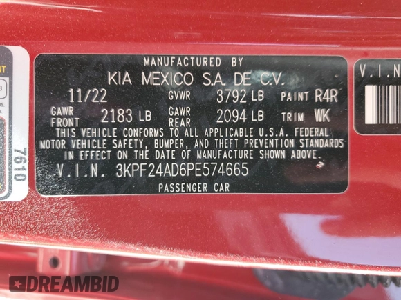 2023 Kia Forte LXS with VIN 3KPF24AD6PE574665, listed as a Copart auction lot 51711005 with 37,725 mi miles and Non Repairable. Bid and sale history available at carsss.com. Image 12.