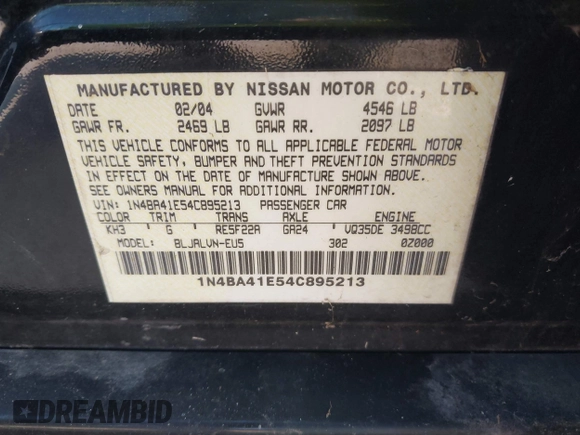 2004 Nissan Maxima SL with VIN 1N4BA41E54C895213, listed as a IAAI auction lot 42262010 with 158,578 mi miles and . Bid and sale history available at DreamBid. Image 9.
