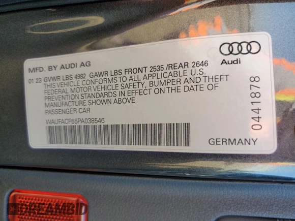 2023 Audi A5 Sportback S line Premium Plus with VIN WAUFACF55PA038546, listed as a Copart auction lot 72981523 with 7,169 mi miles. Bid and sale history available at carsss.com. Image 12.