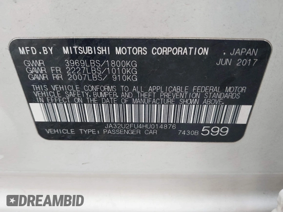 2017 Mitsubishi Lancer ES with VIN JA32U2FU4HU014876, listed as a IAAI auction lot 41884075 with 105,262 mi miles. Bid and sale history available at carsss.com. Image 9.