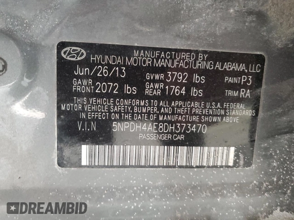2013 Hyundai Elantra GLS z VIN 5NPDH4AE8DH373470, wystawiony jako Copart lot #42613285 z przebiegiem 208 511 mil mil oraz Szkoda całkowita • Salvage title. Historia ofert i sprzedaży dostępna na DreamBid. Obrazek 14.