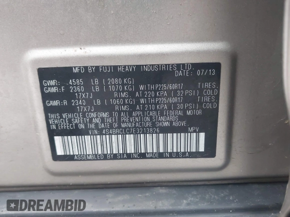 2014 Subaru Outback Limited with VIN 4S4BRCLC7E3213826, listed as a IAAI auction lot 42322640 with 97,930 mi miles and . Bid and sale history available at DreamBid. Image 9.