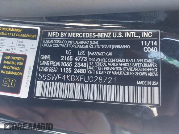 2015 Mercedes-Benz C-Class C 300 Luxury with VIN 55SWF4KBXFU028721, listed as a IAAI auction lot 41735042 with 110,142 mi miles. Bid and sale history available at carsss.com. Image 9.