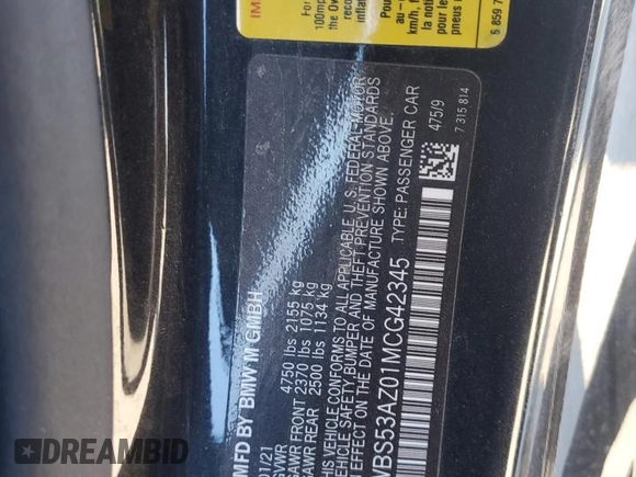 2021 BMW M4 with VIN WBS53AZ01MCG42345, listed as a Copart auction lot 81994184 with 38,071 mi miles and Salvage Title. Bid and sale history available at carsss.com. Image 12.
