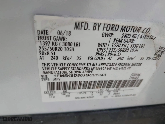 2018 Ford Explorer XLT with VIN 1FM5K8D80JGC21343, listed as a IAAI auction lot 41734012 with 90,193 mi miles. Bid and sale history available at carsss.com. Image 9.