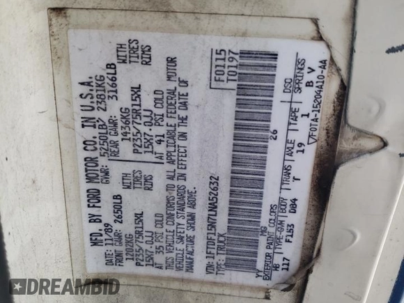 1990 Ford F-150 with VIN 1FTDF15N7LNA52632, listed as a Copart auction lot 60468495 with 8,445 mi miles and Salvage title. Bid and sale history available at DreamBid. Image 13.