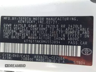 2021 Toyota Camry SE Nightshade with VIN 4T1G11AK8MU553894, listed as a IAAI auction lot 41847408 with 28,557 mi miles. Bid and sale history available at carsss.com. Image 9.
