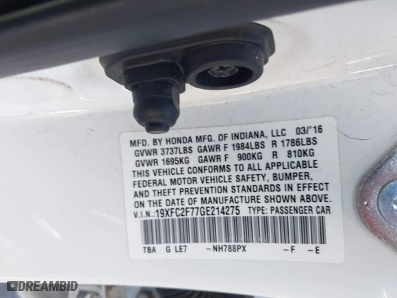 2016 Honda Civic Sedan EX with VIN 19XFC2F77GE214275, listed as a IAAI auction lot 41812843 with 85,850 mi miles. Bid and sale history available at carsss.com. Image 9.
