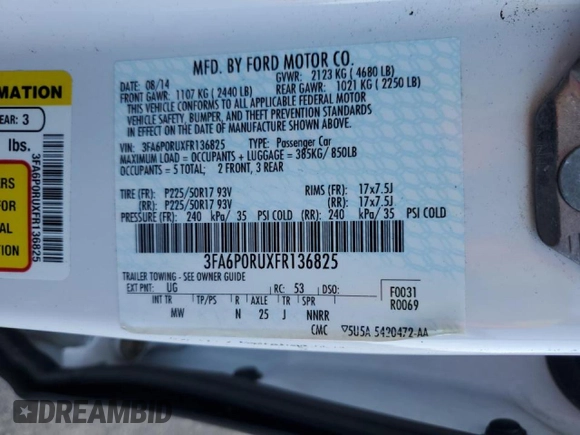 2015 Ford Fusion Titanium Hybrid with VIN 3FA6P0RUXFR136825, listed as a Copart auction lot 47849355 with 70,241 mi miles and Salvage title. Bid and sale history available at DreamBid. Image 12.