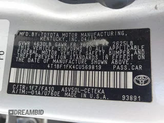 2012 Toyota Camry L with VIN 4T1BF1FK4CU569819, listed as a IAAI auction lot 41960672 with 234,171 mi miles. Bid and sale history available at carsss.com. Image 9.