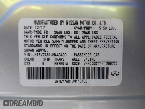 2018 Infiniti Q50 3.0t Luxe with VIN JN1EV7AR1JM443400, listed as a IAAI auction lot 42174726 with 74,677 mi miles. Bid and sale history available at carsss.com. Image 9.