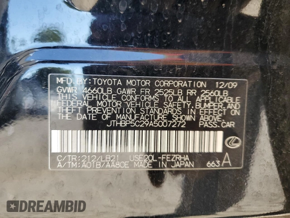 2010 Lexus IS F F with VIN JTHBP5C29A5007272, listed as a Copart auction lot 45178325 with 159,899 mi miles and Salvage Title. Bid and sale history available at DreamBid. Image 12.