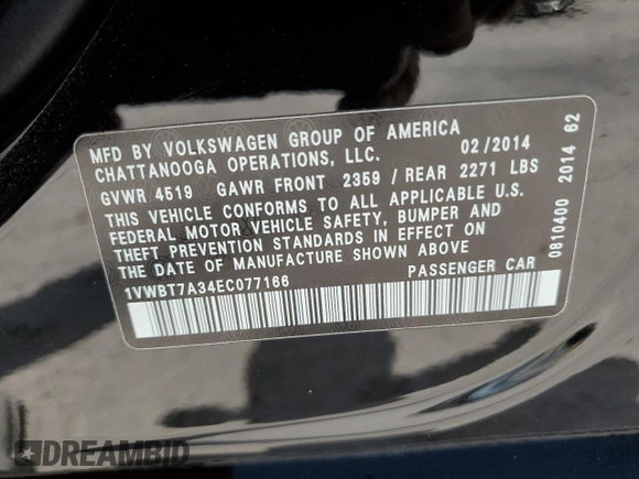 2014 Volkswagen Passat SE z VIN 1VWBT7A34EC077166, wystawiony jako Copart lot #57835415 z przebiegiem 121 814 mil mil oraz Szkoda całkowita • Salvage title. Historia ofert i sprzedaży dostępna na DreamBid. Obrazek 12.