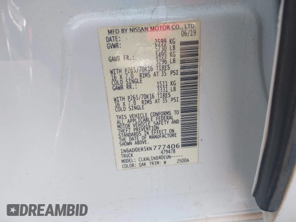 2019 Nissan Frontier SV with VIN 1N6AD0ER5KN777406, listed as a IAAI auction lot 42162010 with 77,702 mi miles and . Bid and sale history available at DreamBid. Image 9.