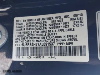 2010 Honda CR-V EX-L with VIN 5J6RE4H77AL091537, listed as a IAAI auction lot 42054838 with 156,067 mi miles. Bid and sale history available at carsss.com. Image 9.
