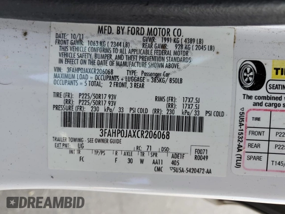 2012 Ford Fusion SEL with VIN 3FAHP0JAXCR206068, listed as a Copart auction lot 46082685 with 199,642 mi miles and Salvage Title. Bid and sale history available at DreamBid. Image 14.