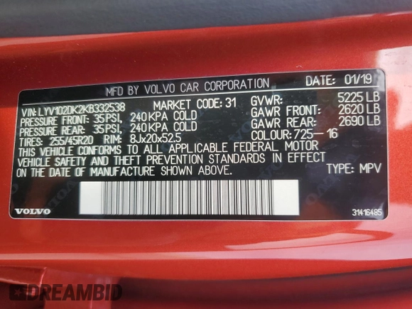 2019 Volvo XC60 Momentum with VIN LYV102DK2KB332538, listed as a Copart auction lot 85345534 with 189,949 mi miles and Salvage title. Bid and sale history available at DreamBid. Image 13.