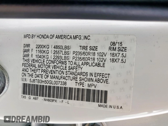 2016 Acura RDX Technology with VIN 5J8TB3H50GL007338, listed as a Copart auction lot 61200745 with 155,012 mi miles and Salvage title. Bid and sale history available at DreamBid. Image 14.