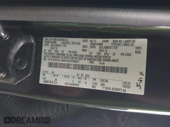 2015 Ford F-150 XL with VIN 1FTEW1CG6FKD75021, listed as a IAAI auction lot 42368982 with 194,623 mi miles and . Bid and sale history available at DreamBid. Image 9.