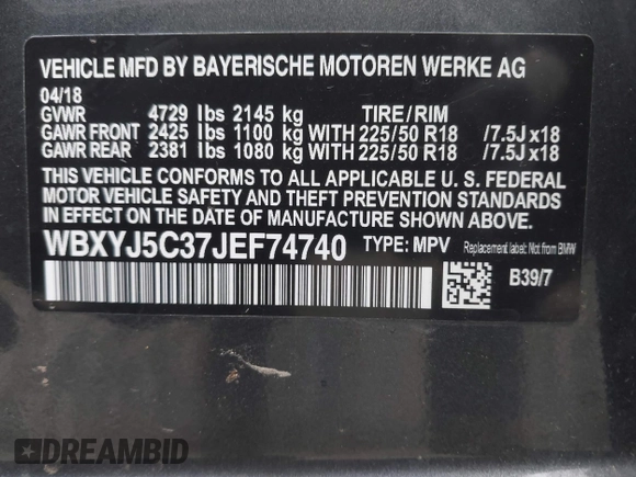 2018 BMW X2 xDrive28i with VIN WBXYJ5C37JEF74740, listed as a IAAI auction lot 41818174 with 74,155 mi miles. Bid and sale history available at carsss.com. Image 9.