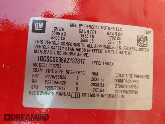 2010 Chevrolet Silverado 1500 LT with VIN 1GCSCSE06AZ137817, listed as a IAAI auction lot 41472286 with 292,814 mi miles and . Bid and sale history available at DreamBid. Image 9.
