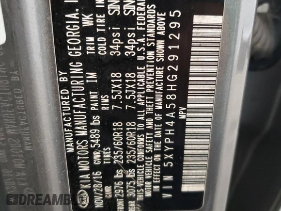 2017 Kia Sorento EX V6 with VIN 5XYPH4A58HG291295, listed as a Copart auction lot 43684065 with 109,559 mi miles and Clean Title. Bid and sale history available at carsss.com. Image 13.