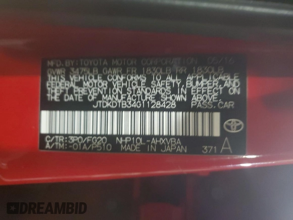 2016 Toyota Prius One z VIN JTDKDTB34G1128428, wystawiony jako Copart lot #52562665 z przebiegiem 56 434 mil mil oraz Szkoda całkowita • Salvage title. Historia ofert i sprzedaży dostępna na DreamBid. Obrazek 14.