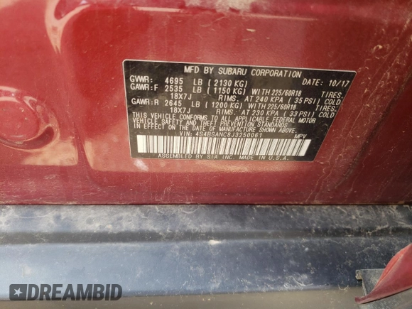 2018 Subaru Outback Limited with VIN 4S4BSANC8J3250061, listed as a Copart auction lot 55664745 with 91,964 mi miles and Salvage Title. Bid and sale history available at DreamBid. Image 14.