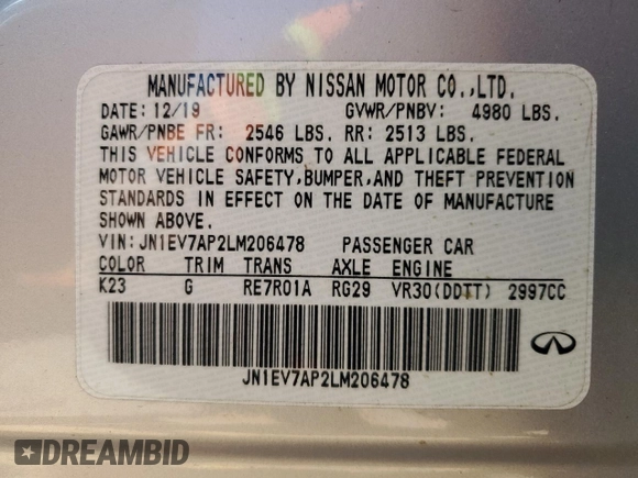 2020 Infiniti Q50 Luxe with VIN JN1EV7AP2LM206478, listed as a Copart auction lot 52790755 with 93,569 mi miles and Salvage title. Bid and sale history available at DreamBid. Image 14.