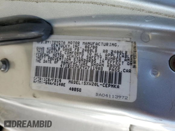 2000 Toyota Camry CE z VIN 4T1BG22K2YU711908, wystawiony jako Copart lot #56294515 z przebiegiem 110 871 mil mil oraz Szkoda całkowita • Salvage title. Historia ofert i sprzedaży dostępna na DreamBid. Obrazek 12.
