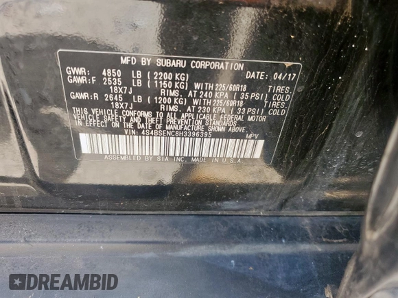 2017 Subaru Outback Limited with VIN 4S4BSENC8H3396395, listed as a Copart auction lot 61753805 with 102,952 mi miles and Salvage title. Bid and sale history available at DreamBid. Image 13.